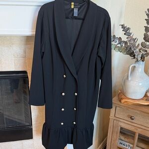 Ashley Stewart Black Double-Breasted Long Sleeve Ruffle Hem Dress Silver Buttons